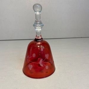 Vintage Cranberry Glass Clear Handle BELL Etched Flowers